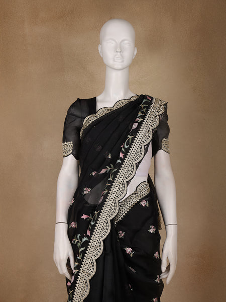 Black Floral Embroidery Organza Saree - Diadem