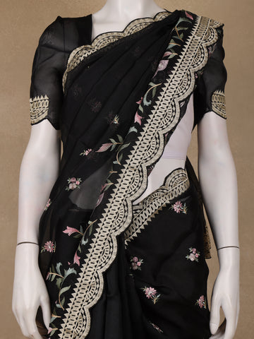Black Floral Embroidery Organza Saree - Diadem