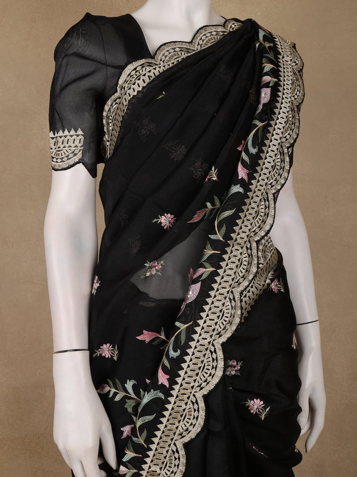 Black Floral Embroidery Organza Saree - Diadem