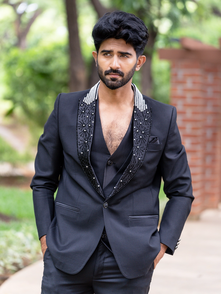 Black Floral Embroidery Rayon Men's Suit - Diadem