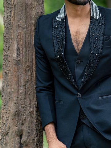 Black Floral Embroidery Rayon Men's Suit - Diadem