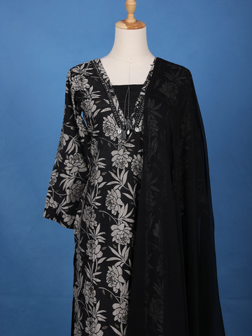 Black Floral Printed Cotton Salwar Suit - Diadem