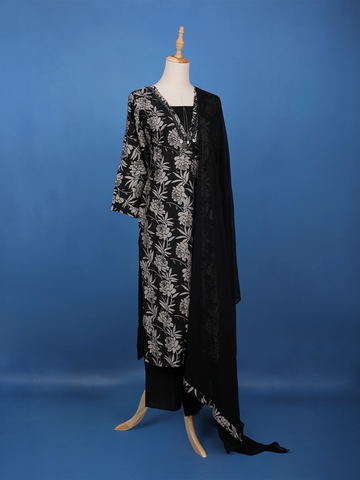 Black Floral Printed Cotton Salwar Suit - Diadem