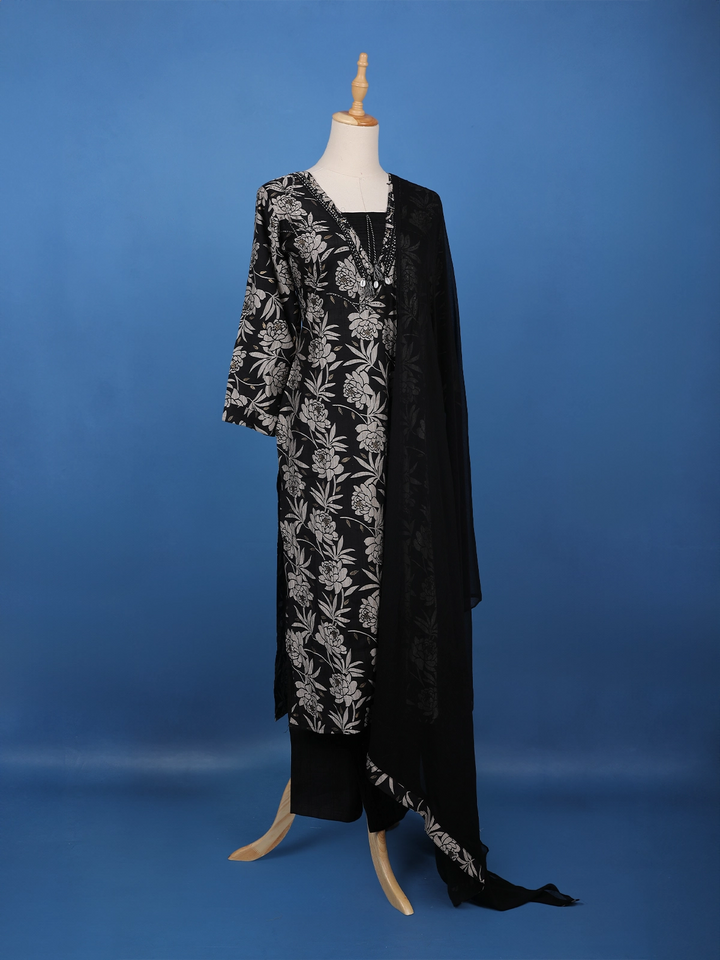 Black Floral Printed Cotton Salwar Suit - Diadem