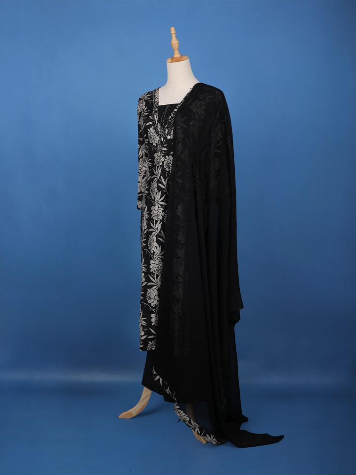 Black Floral Printed Cotton Salwar Suit - Diadem