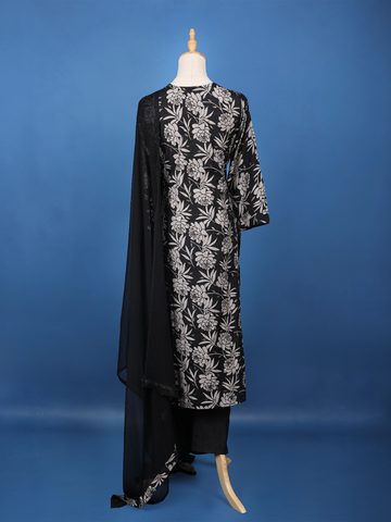 Black Floral Printed Cotton Salwar Suit - Diadem