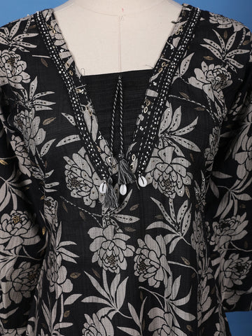Black Floral Printed Cotton Salwar Suit - Diadem