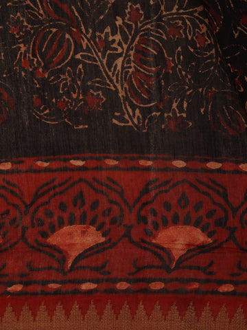 Black Floral Printed Cotton Saree - Diadem