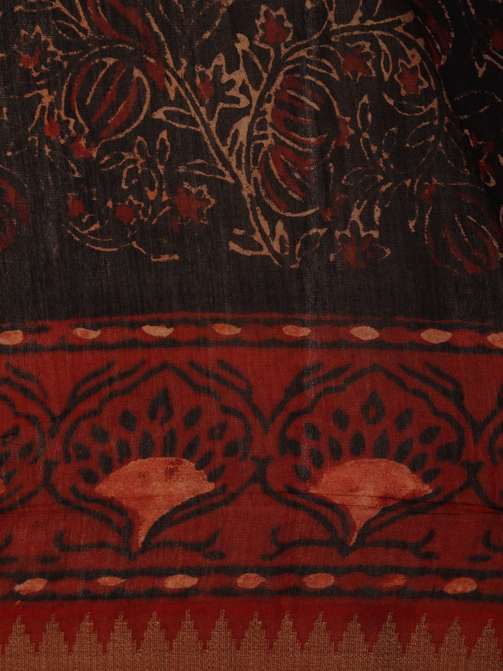 Black Floral Printed Cotton Saree - Diadem