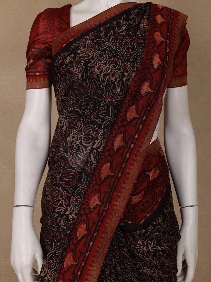 Black Floral Printed Cotton Saree - Diadem