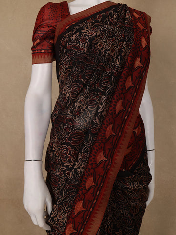 Black Floral Printed Cotton Saree - Diadem