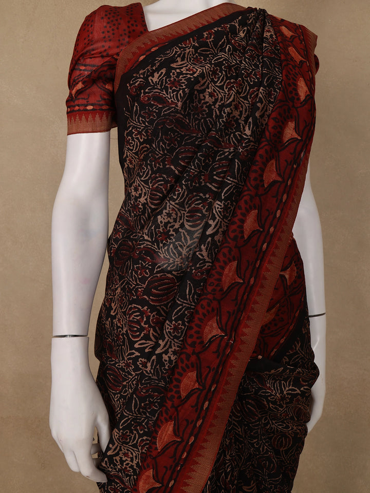 Black Floral Printed Cotton Saree - Diadem