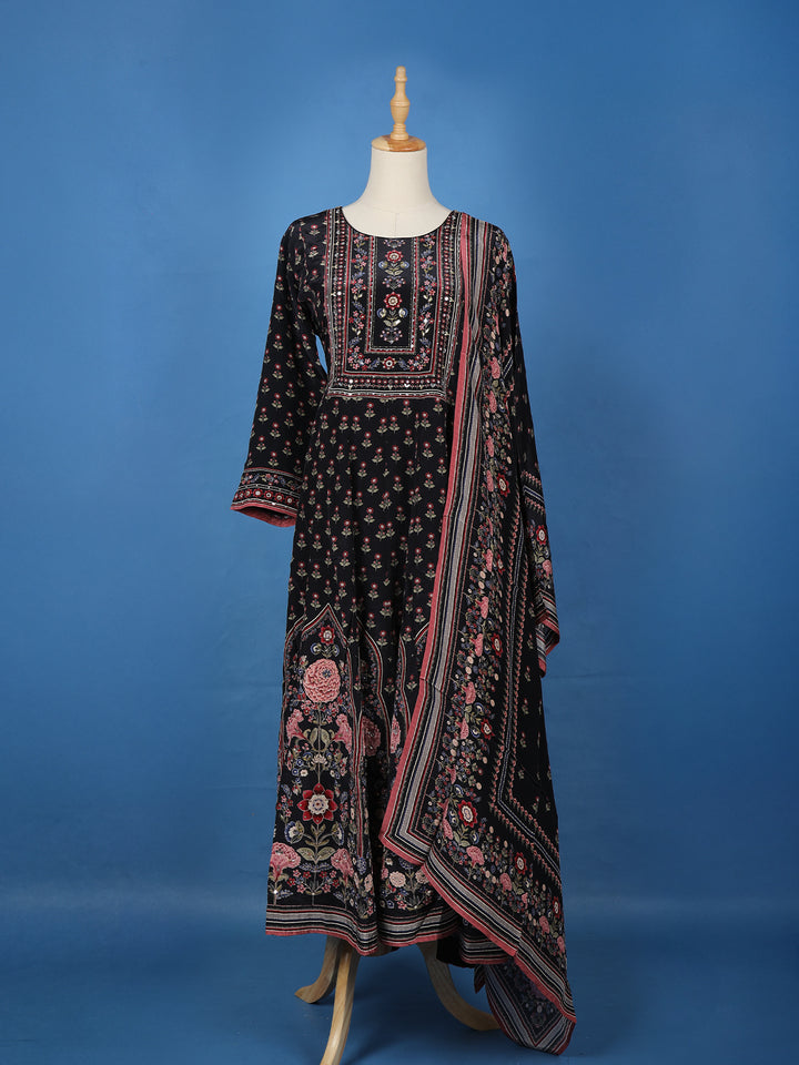 Black Floral Printed Synthetic Salwar Suit - Diadem