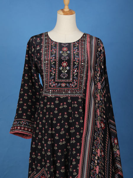 Black Floral Printed Synthetic Salwar Suit - Diadem