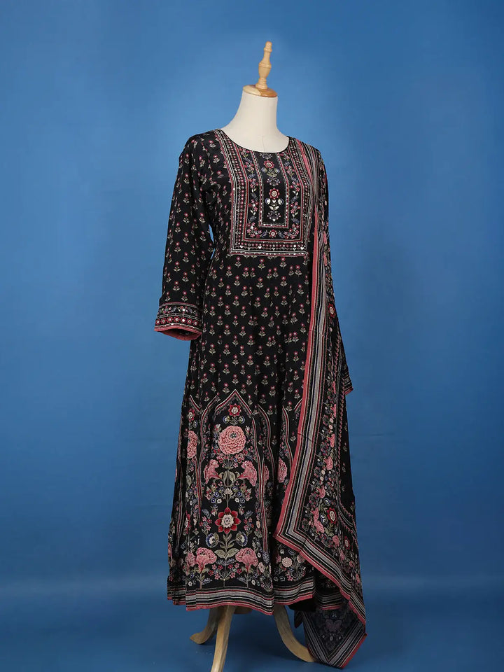 Black Floral Printed Synthetic Salwar Suit - Diadem