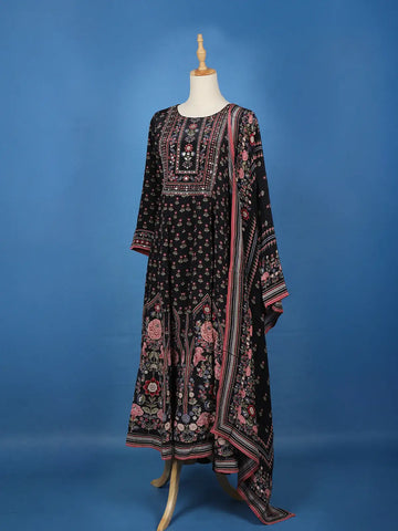 Black Floral Printed Synthetic Salwar Suit - Diadem