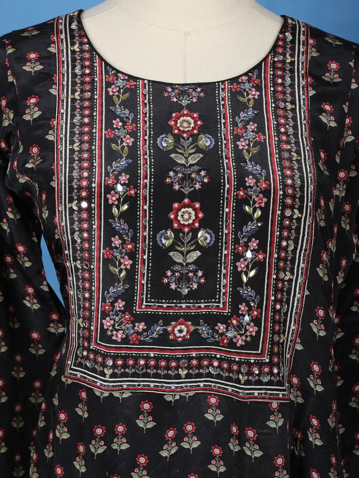 Black Floral Printed Synthetic Salwar Suit - Diadem