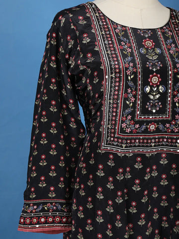 Black Floral Printed Synthetic Salwar Suit - Diadem