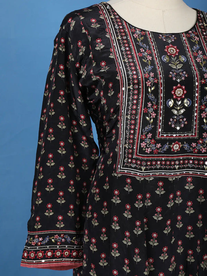 Black Floral Printed Synthetic Salwar Suit - Diadem