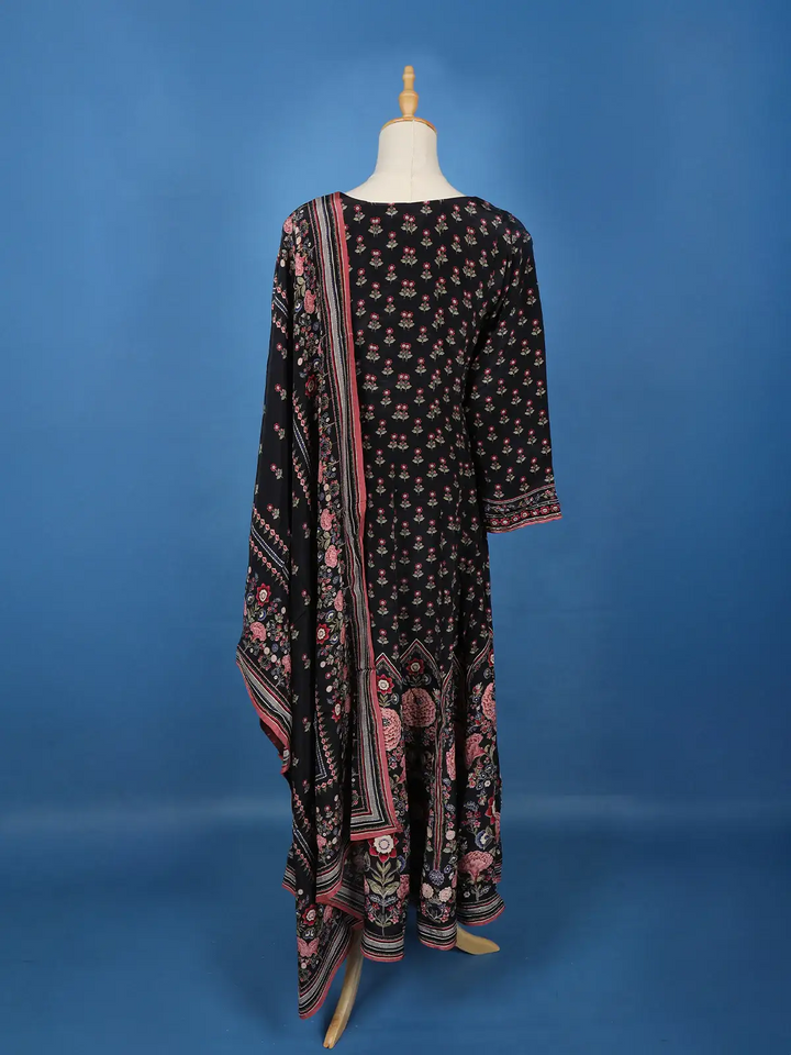 Black Floral Printed Synthetic Salwar Suit - Diadem