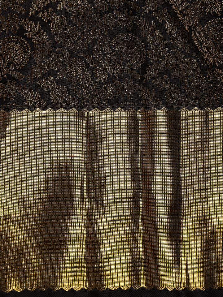 Black Floral Woven Pure Kanchipuram Silk Saree - Diadem