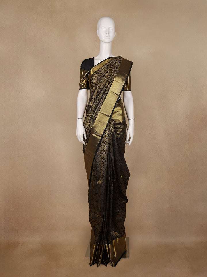 Black Floral Woven Pure Kanchipuram Silk Saree - Diadem