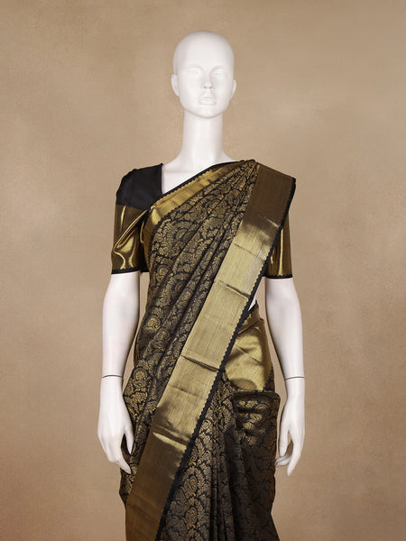 Black Floral Woven Pure Kanchipuram Silk Saree - Diadem