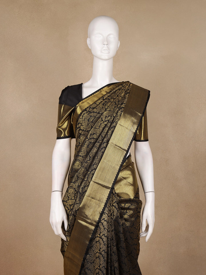 Black Floral Woven Pure Kanchipuram Silk Saree - Diadem