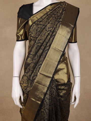 Black Floral Woven Pure Kanchipuram Silk Saree - Diadem