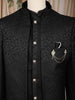 Black Geometric Textured Embroidered Indo-Western Polyester Sherwani for Men
