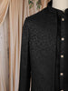 Black Geometric Textured Embroidered Indo-Western Polyester Sherwani for Men