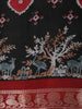 Black Kalamkari Forest Theme Printed Chanderi Cotton Saree with Red Zari Border