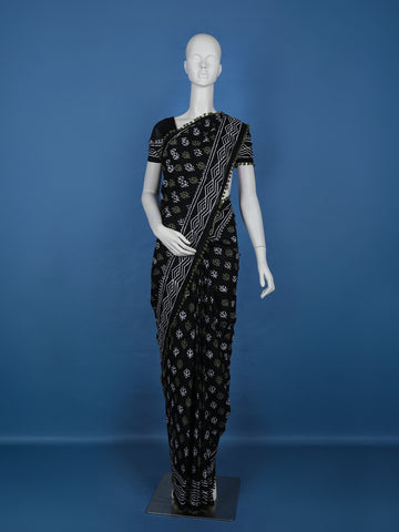 Black Leaf Printed Cotton Saree - Diadem