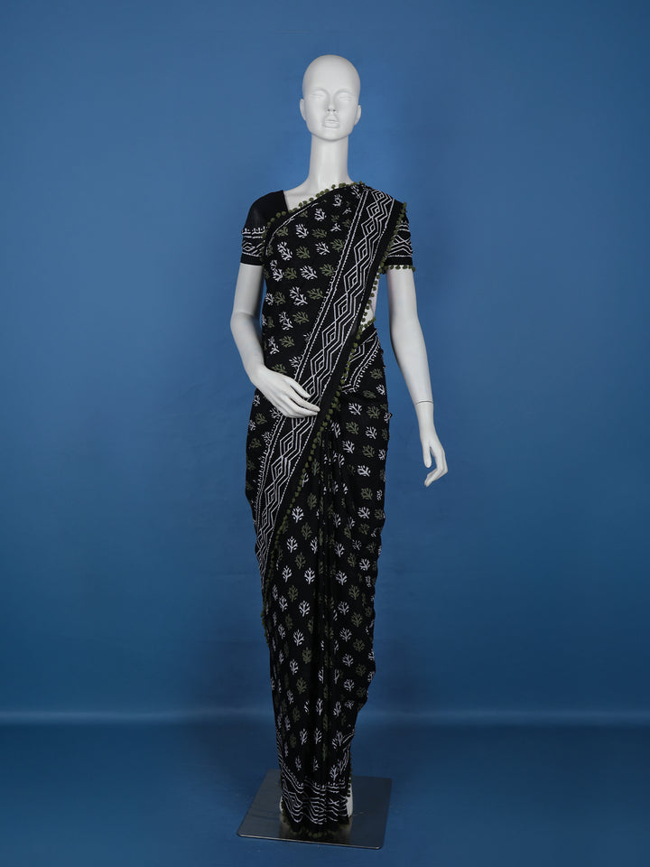 Black Leaf Printed Cotton Saree - Diadem