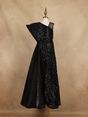 Black Sequin Embellished One-Shoulder Net And Satin Kids Gown With Attached Drape - Diadem