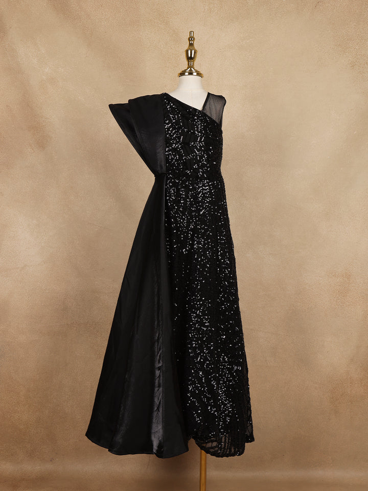 Black Sequin Embellished One-Shoulder Net And Satin Kids Gown With Attached Drape - Diadem