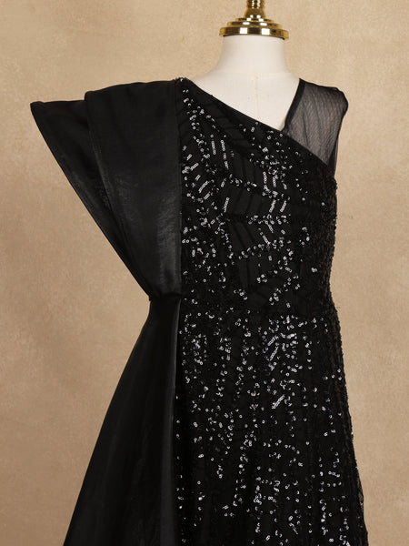 Black Sequin Embellished One-Shoulder Net And Satin Kids Gown With Attached Drape - Diadem