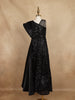 Black Sequin Embellished One-Shoulder Net And Satin Kids Gown With Attached Drape - Diadem