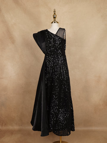 Black Sequin Embellished One-Shoulder Net And Satin Kids Gown With Attached Drape - Diadem
