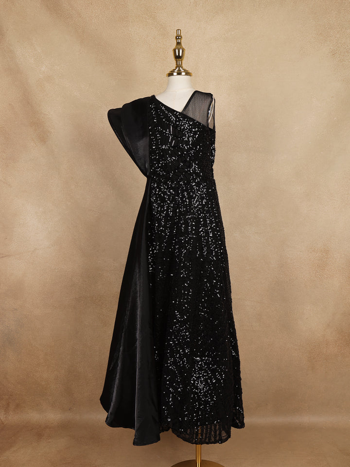 Black Sequin Embellished One-Shoulder Net And Satin Kids Gown With Attached Drape - Diadem