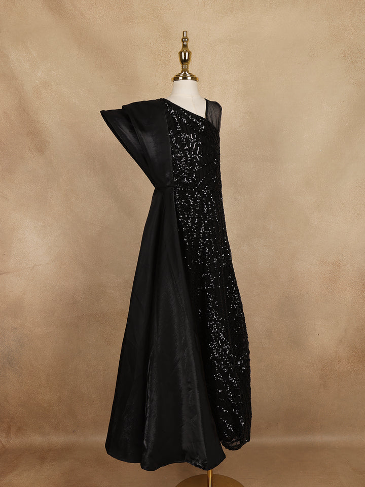 Black Sequin Embellished One-Shoulder Net And Satin Kids Gown With Attached Drape - Diadem