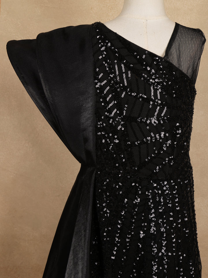 Black Sequin Embellished One-Shoulder Net And Satin Kids Gown With Attached Drape - Diadem