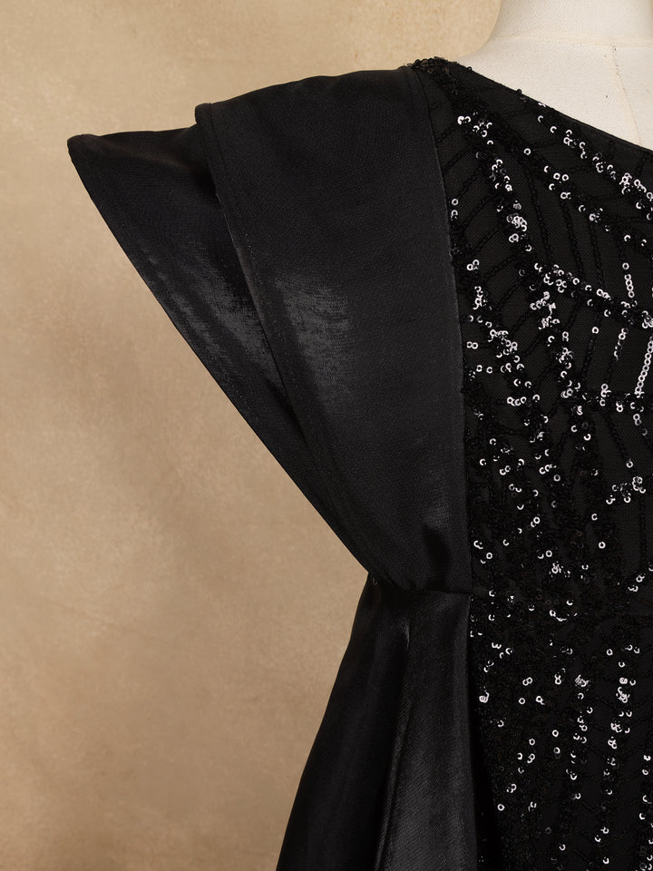 Black Sequin Embellished One-Shoulder Net And Satin Kids Gown With Attached Drape - Diadem