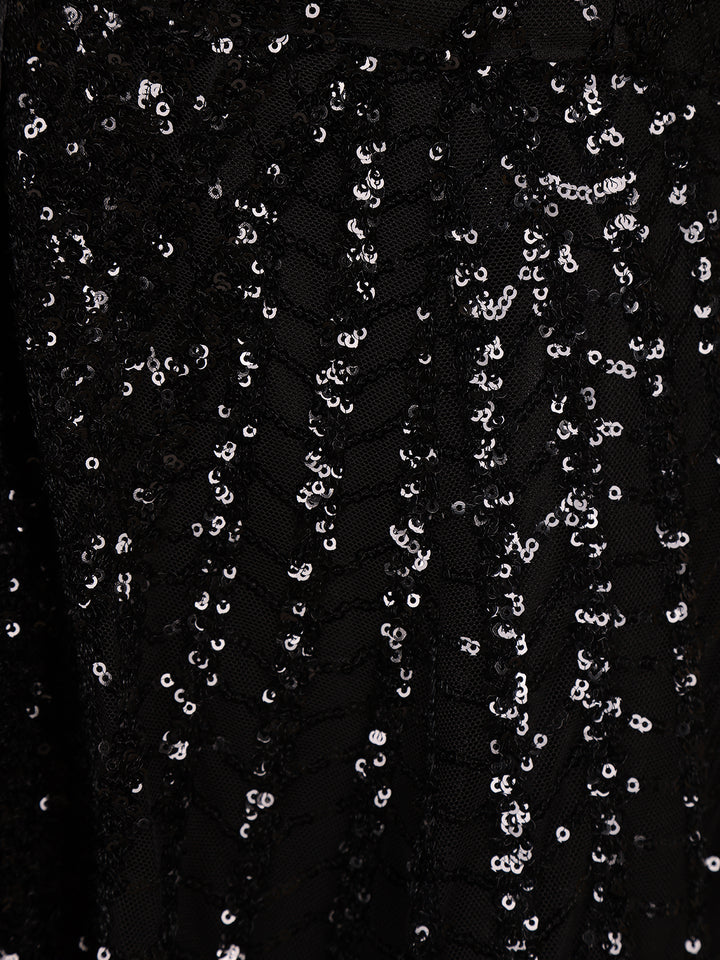 Black Sequin Embellished One-Shoulder Net And Satin Kids Gown With Attached Drape - Diadem