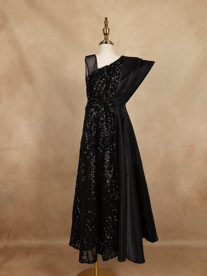 Black Sequin Embellished One-Shoulder Net And Satin Kids Gown With Attached Drape - Diadem
