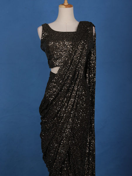 Black Sequin Embellished Pre-Draped Georgette Saree with Sleeveless Blouse - Diadem
