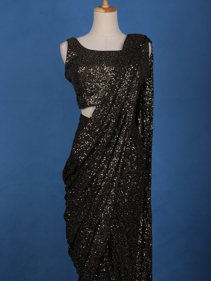 Black Sequin Embellished Pre-Draped Georgette Saree with Sleeveless Blouse - Diadem