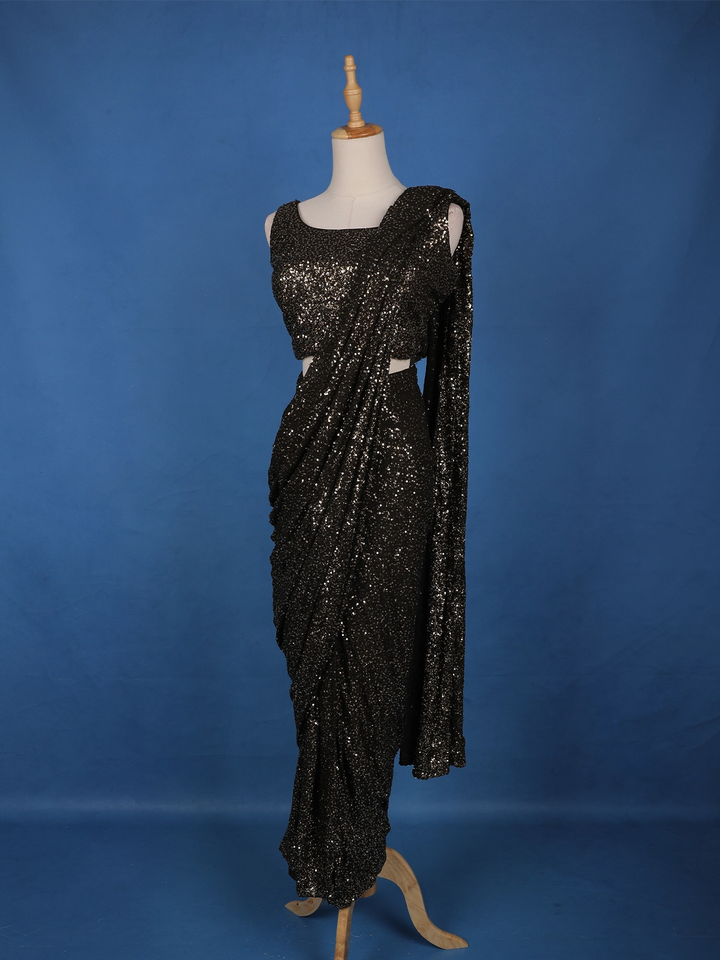 Black Sequin Embellished Pre-Draped Georgette Saree with Sleeveless Blouse - Diadem