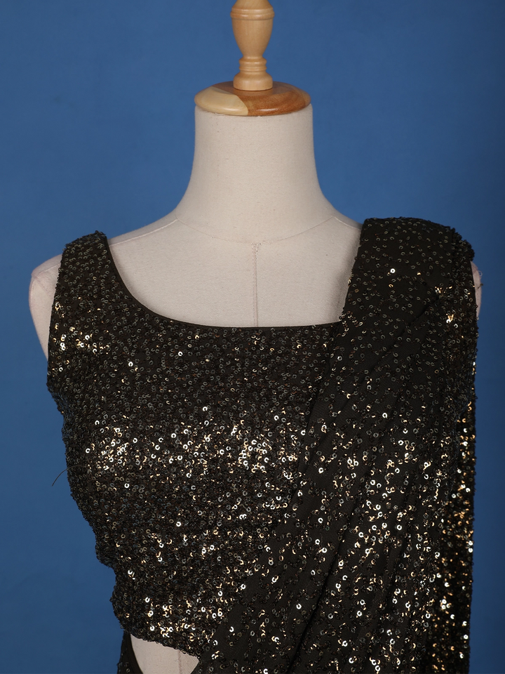 Black Sequin Embellished Pre-Draped Georgette Saree with Sleeveless Blouse - Diadem