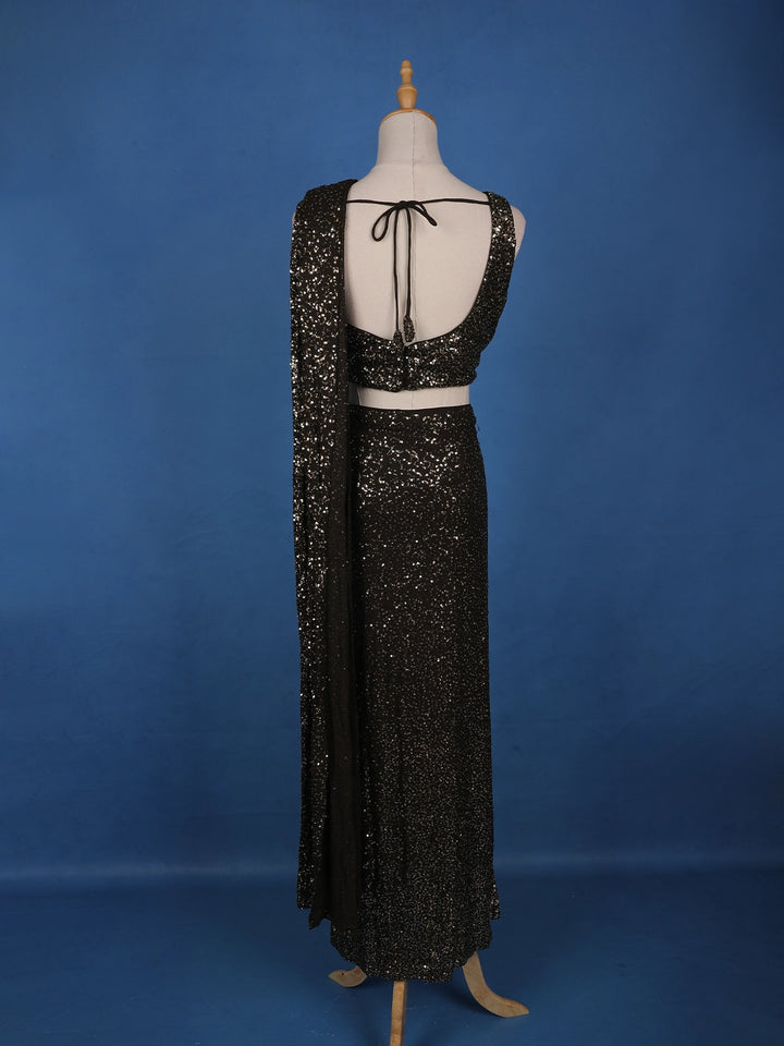 Black Sequin Embellished Pre-Draped Georgette Saree with Sleeveless Blouse - Diadem